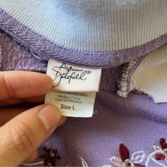 Adrian Daltfeld Lavender Floral Embroidered Collared Sweatshirt Pullover-Size L - Picture 8 of 9